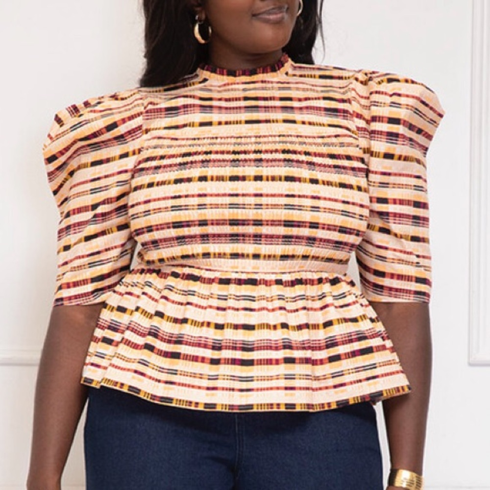Eloquii plaid puff sleeve smocked top